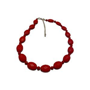 Red Ribbed Beaded Silver Tone Necklace